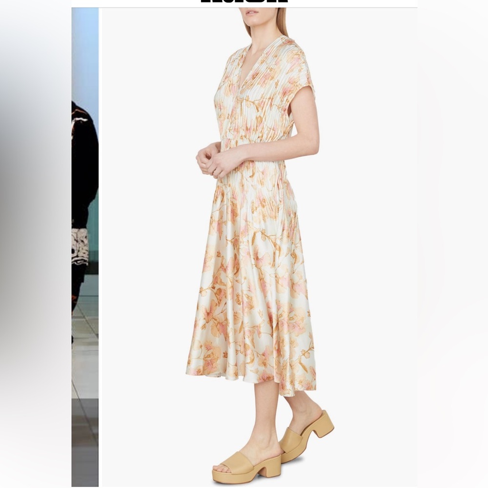 VINCE FLORAL CRUSHED SATIN DRESS Color soil Midi Dress in Cream and Pink size XL - Picture 2 of 10
